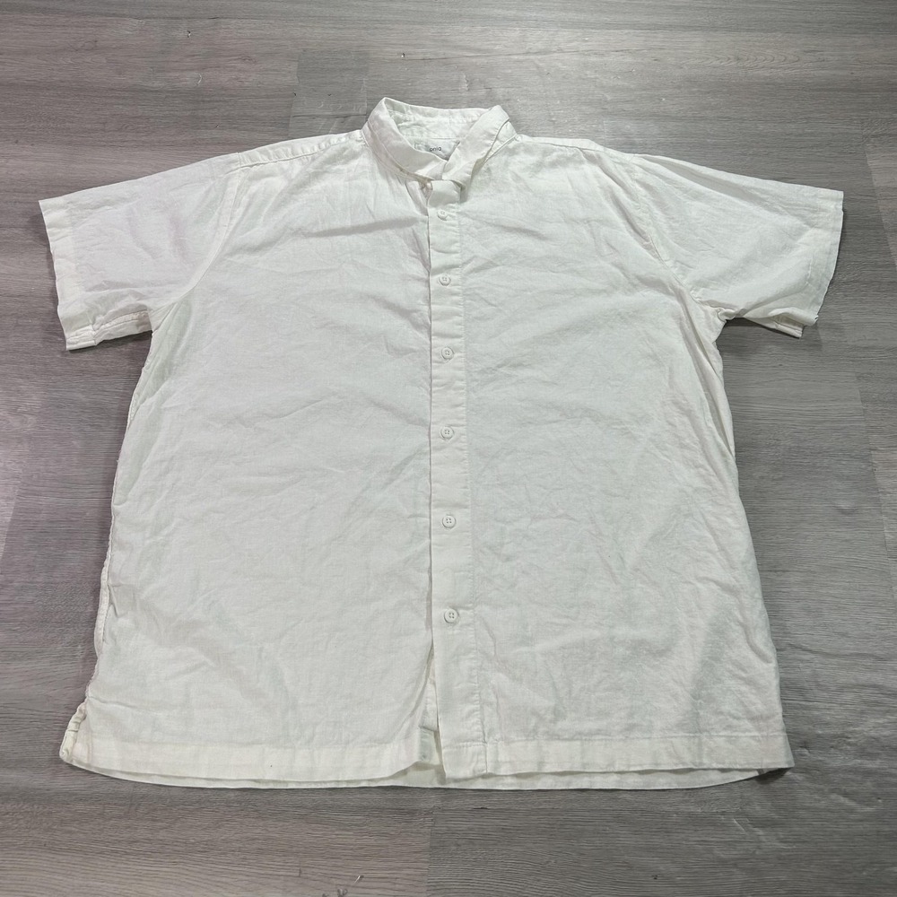 Onia Shirt Mens XL White Linen Blend Short Sleeve Band Collar Button Up Casual